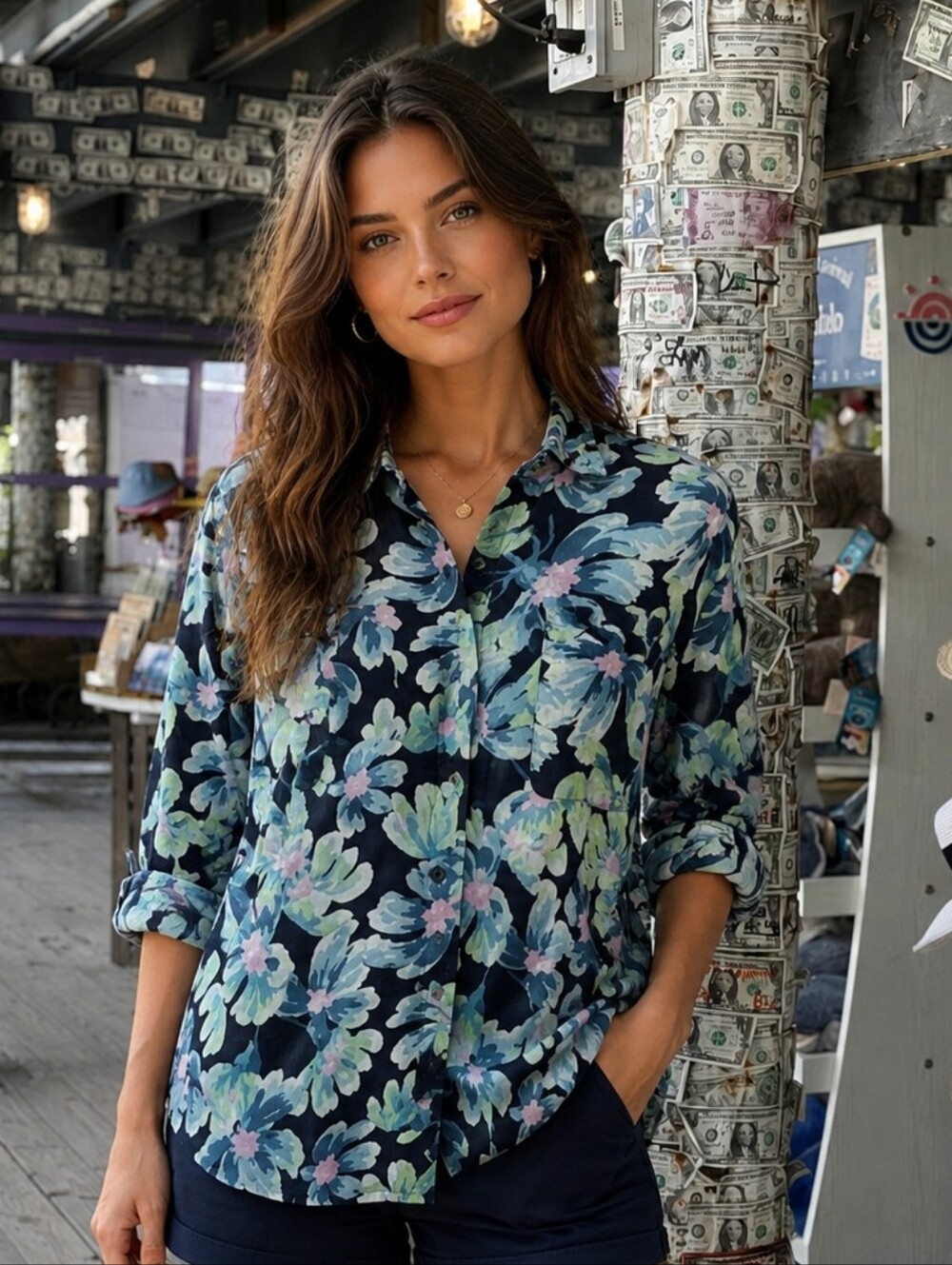 Charter Club Navy Button Up Pastel Floral Print 100% Linen Top Size Large